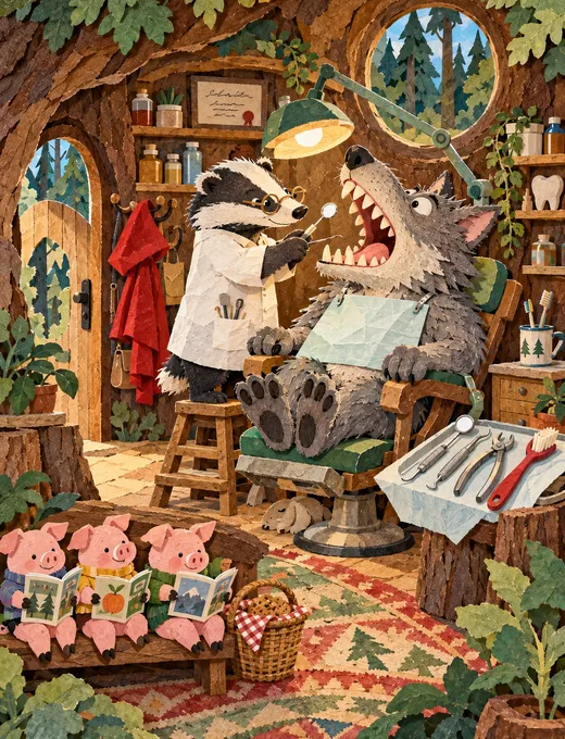 Painting: the wolf's dentist at work