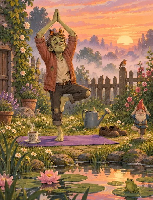 Painting: a background zombie doing yoga